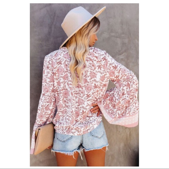 Boho Pink and White Floral Top - Picture 3 of 5